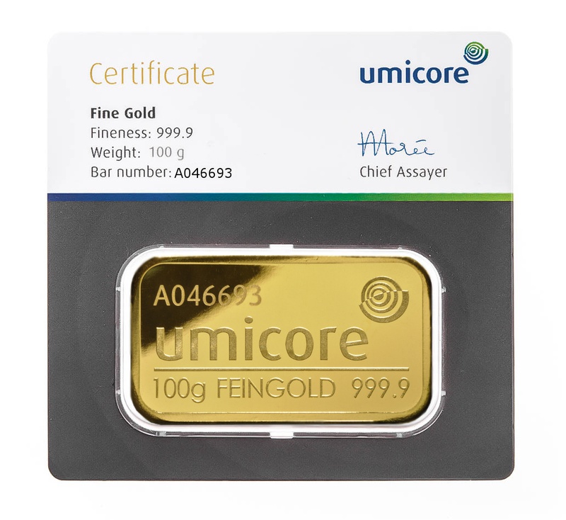 Umicore 100g Gold Bars | BullionByPost - From £5,135